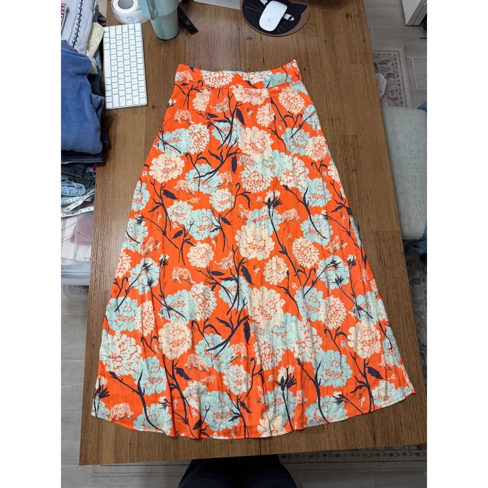 Free People Sammy Printed Maxi Skirt Size 6 Orange Floral Tiger Button Front